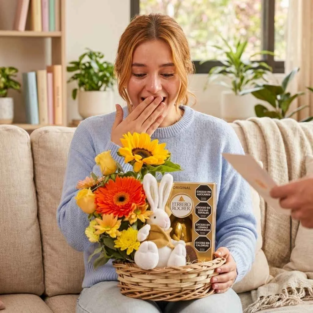 Canasta de pascua con flores huevo rocher y conejo